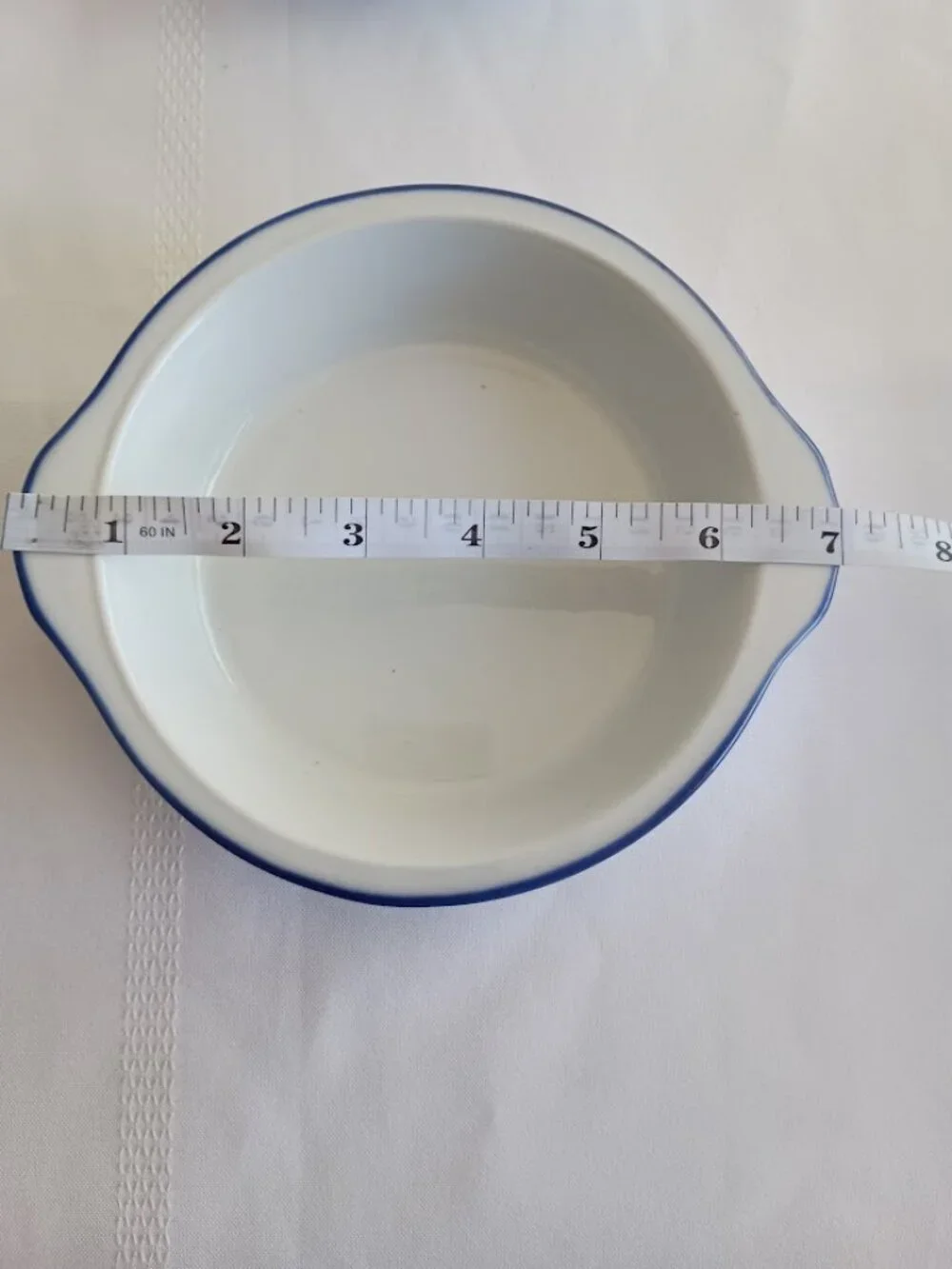Vintage White Ceramic Baking Dishes with Blue Trim